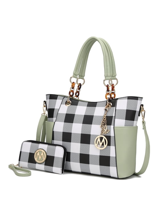 Bonita Checker Women's Tote Bag with Wristlet Wallet, Vegan Leather 2Pcs Shopper Handbag Set by Mia K - Mint