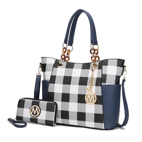 MKF Collection Bonita Checker Women's Tote Bag with Wristlet Wallet, Vegan Leather 2Pcs Shopper Handbag Set by Mia K . - Navy