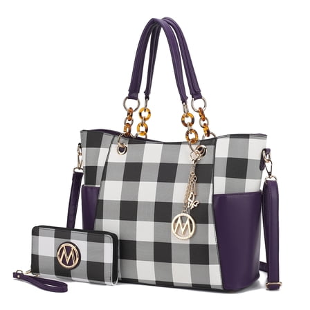 MKF Collection Bonita Checker Women's Tote Bag with Wristlet Wallet, Vegan Leather 2Pcs Shopper Handbag Set by Mia K - Purple