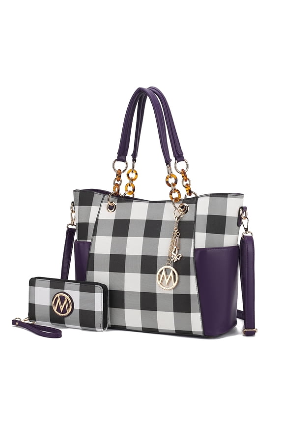 Bonita Checker Women's Tote Bag with Wristlet Wallet, Vegan Leather 2Pcs Shopper Handbag Set by Mia K - Purple