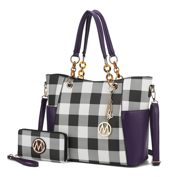 MKF Collection Bonita Checker Women's Tote Bag with Wristlet Wallet, Vegan Leather 2Pcs Shopper Handbag Set by Mia K - Purple