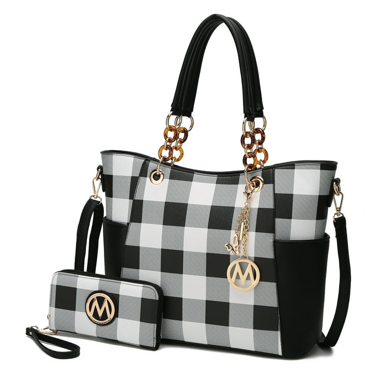 MKF Collection Bonita Checker Women s Tote Bag with Wristlet Wallet Vegan Leather 2Pcs Shopper Handbag Set by Mia K Black