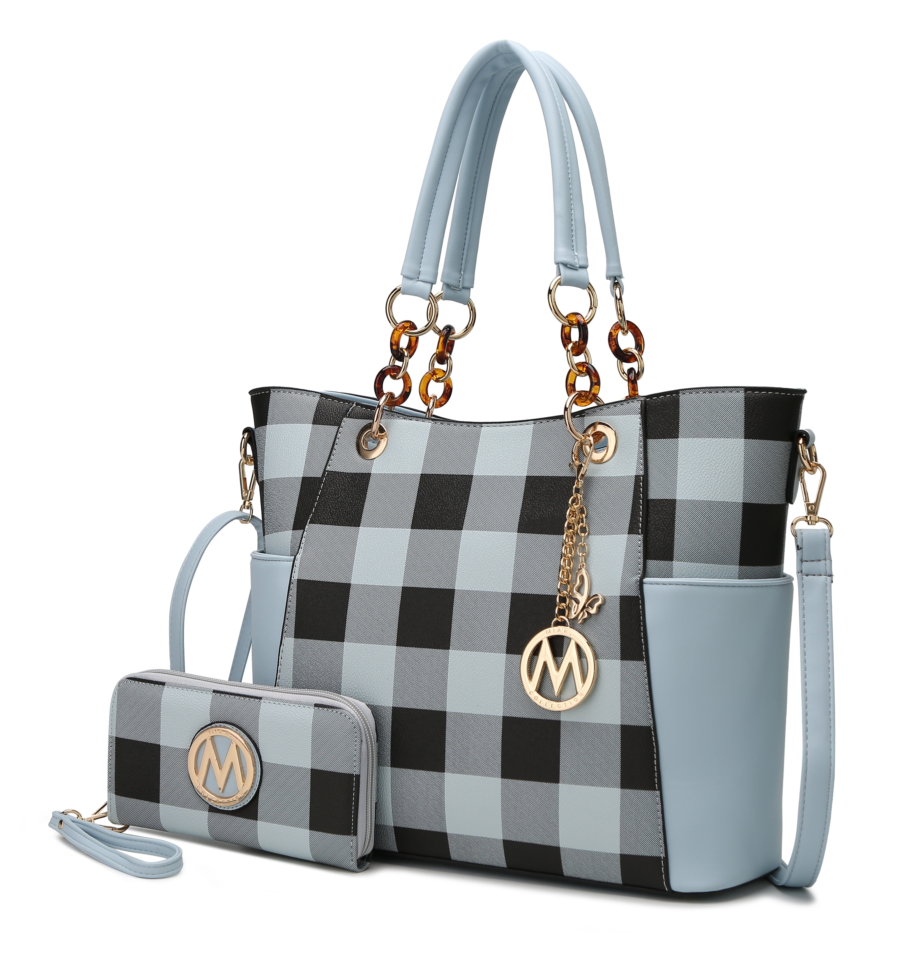MKF Collection Bonita Checker Women s Tote Bag with Wristlet Wallet Vegan Leather 2Pcs Shopper Handbag Set by Mia K Light Blue
