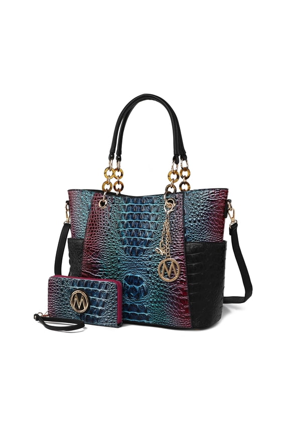 Bonita Women's Tote Bag with Wristlet Wallet, Rainbow Vegan Leather Solid 2Pcs Shopper Purse Handbag Set by Mia K -