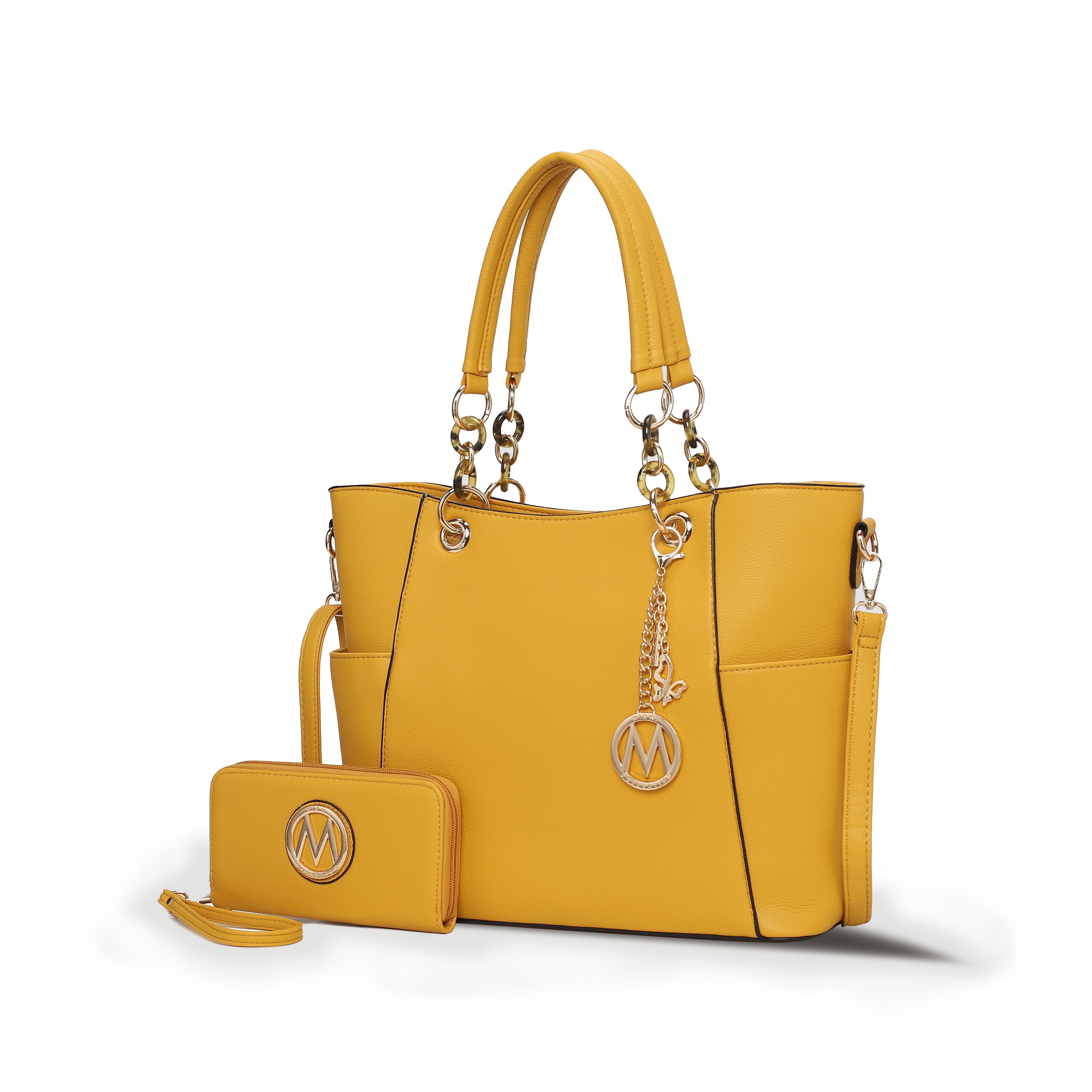 Mustard Faux Leather Tote Bag and Wallet Set with Gold Accents