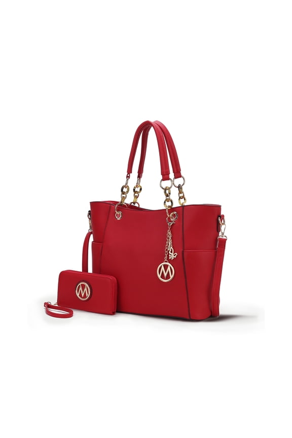 Bonita Women's Tote Bag with Wristlet Wallet, Vegan Leather Solid 2Pcs Shopper Purse Handbag Set by Mia K - Red