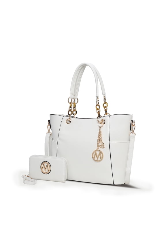 Bonita Women's Tote Bag with Wristlet Wallet, Vegan Leather Solid 2Pcs Shopper Purse Handbag Set by Mia K - White