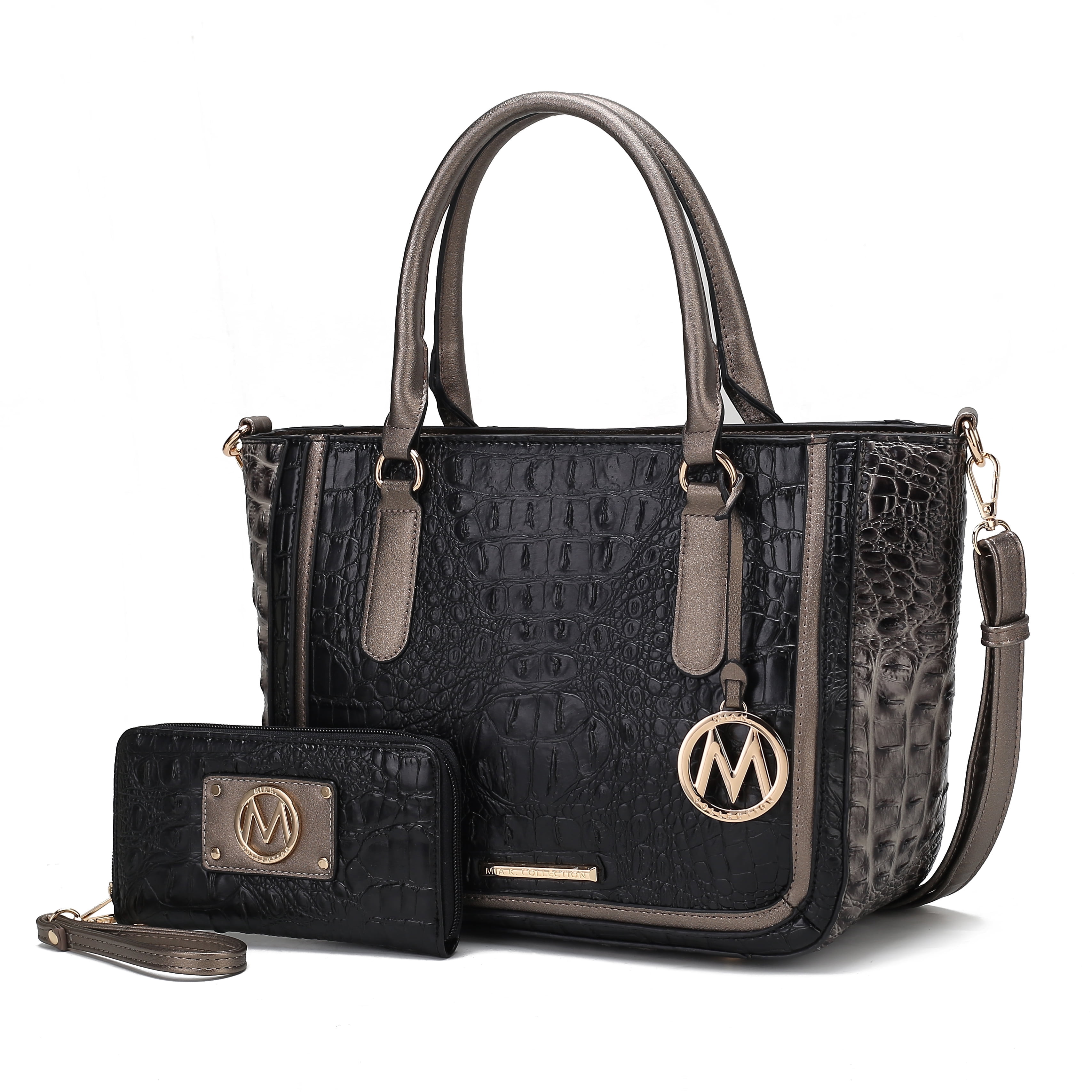 MKF Collection Bonnie Crocodile Vegan Leather Women’s Satchel Bag & Wristlet Wallet, Shoulder Purse Handbag 2 pcs Set by Mia K - Black