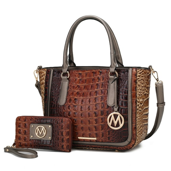MKF Collection Bonnie Crocodile Vegan Leather Women’s Satchel Bag & Wristlet Wallet, Shoulder Purse Handbag 2 pcs Set by Mia K - Cognac