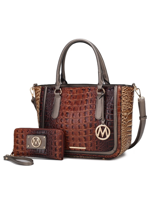 Bonnie Crocodile Vegan Leather Women’s Satchel Bag & Wristlet Wallet, Shoulder Purse Handbag 2 pcs Set by Mia K - Cognac