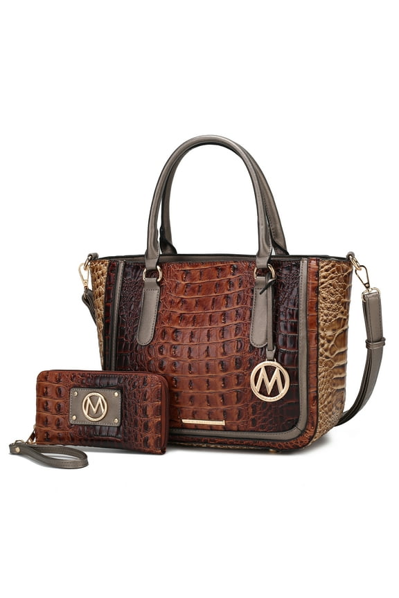 Bonnie Crocodile Vegan Leather Women’s Satchel Bag & Wristlet Wallet, Shoulder Purse Handbag 2 pcs Set by Mia K - Cognac