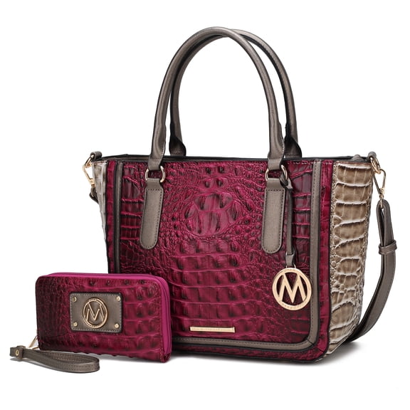 MKF Collection Bonnie Crocodile Vegan Leather Women’s Satchel Bag & Wristlet Wallet, Shoulder Purse Handbag 2 pcs Set by Mia K - Fuchsia