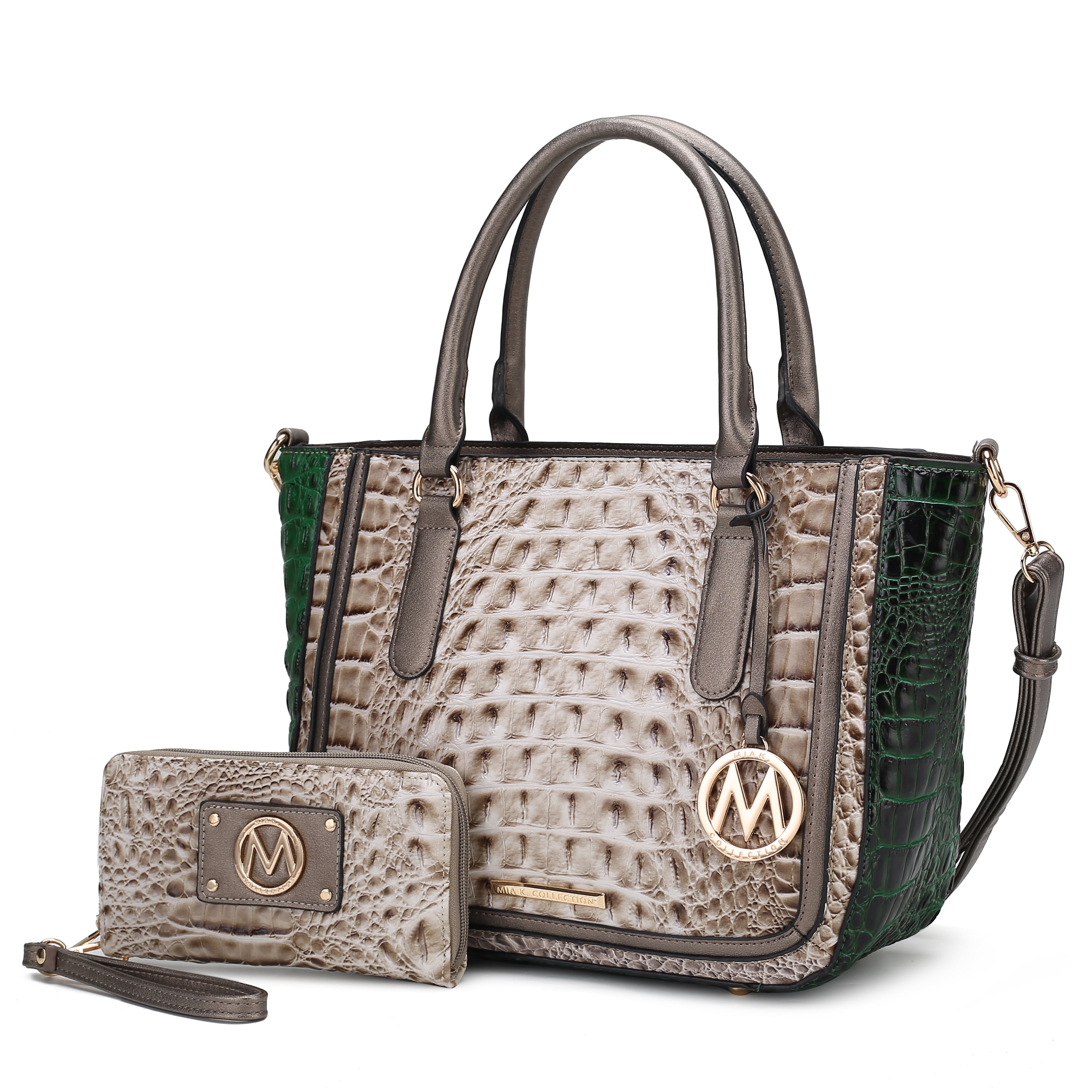 MKF Collection Bonnie Crocodile Vegan Leather Women’s Satchel Bag & Wristlet Wallet, Shoulder Purse Handbag 2 pcs Set by Mia K - Gray