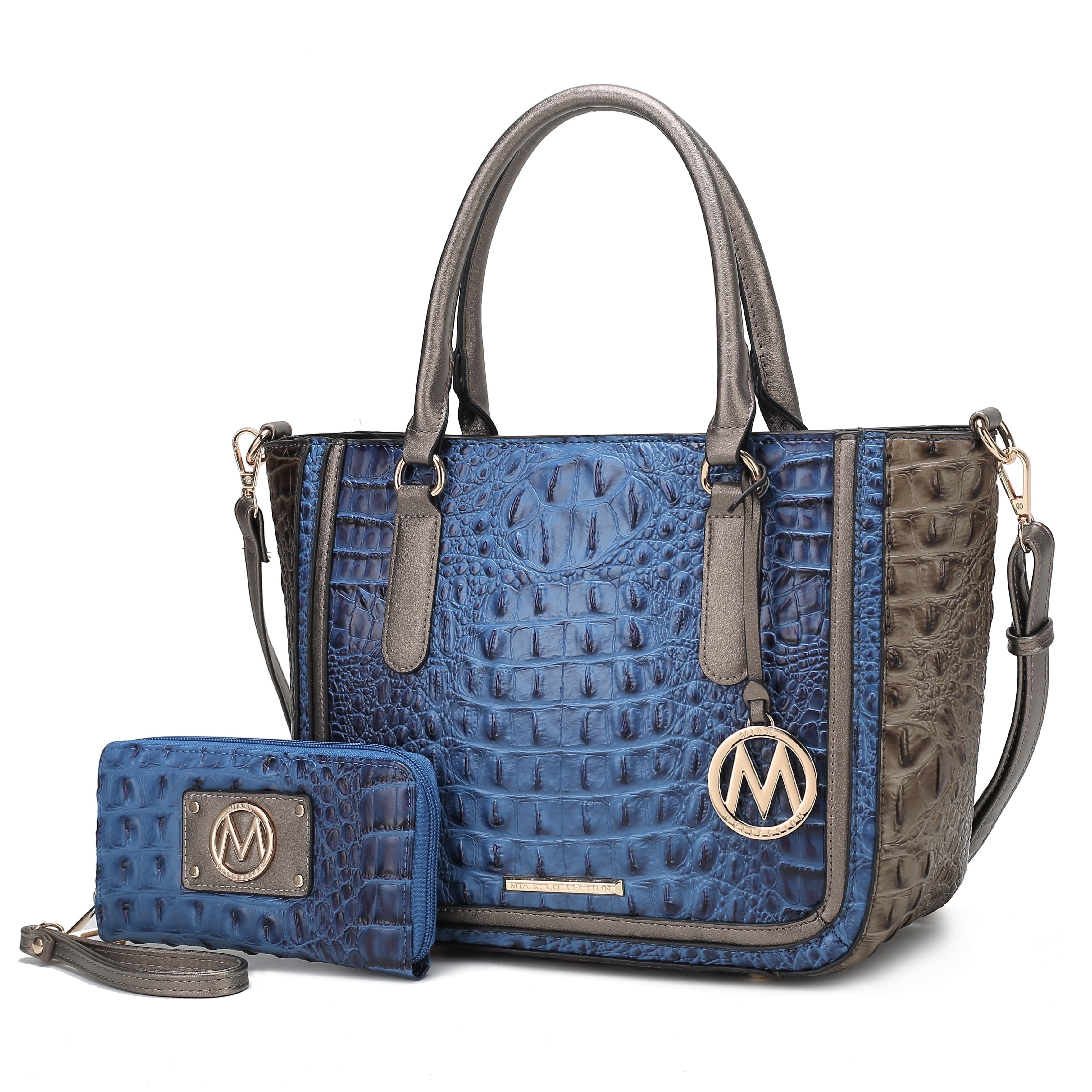 MKF Collection Bonnie Crocodile Vegan Leather Women’s Satchel Bag & Wristlet Wallet, Shoulder Purse Handbag 2 pcs Set by Mia K - Navy