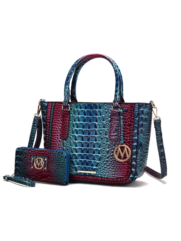 Bonnie Women's Satchel Bag with Wallet, Gradient Crocodile Vegan Leather Handbag by Mia K - Blue