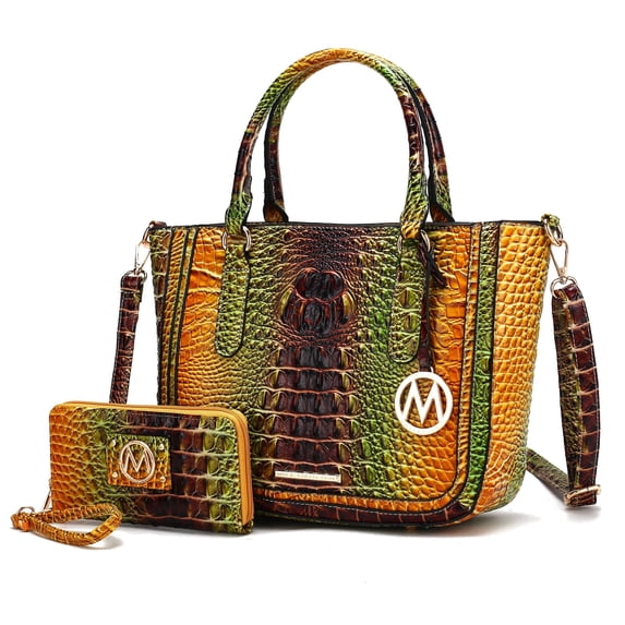 MKF Collection Bonnie Women's Satchel Bag with Wallet, Gradient Crocodile Vegan Leather Handbag by Mia K - Brown