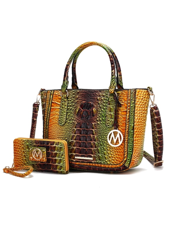 Bonnie Women's Satchel Bag with Wallet, Gradient Crocodile Vegan Leather Handbag by Mia K - Brown