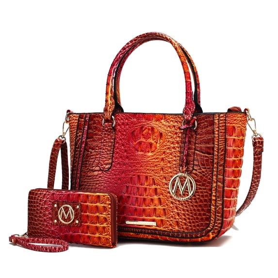 MKF Collection Bonnie Women's Satchel Bag with Wallet, Gradient Crocodile Vegan Leather Handbag by Mia K - Coral Red