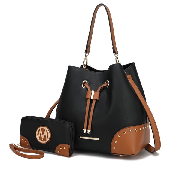MKF Collection Callise Vegan Leather Women's Bucket Bag & Wristlet Wallet 2-Piece Set by Mia K. - Black Cognac