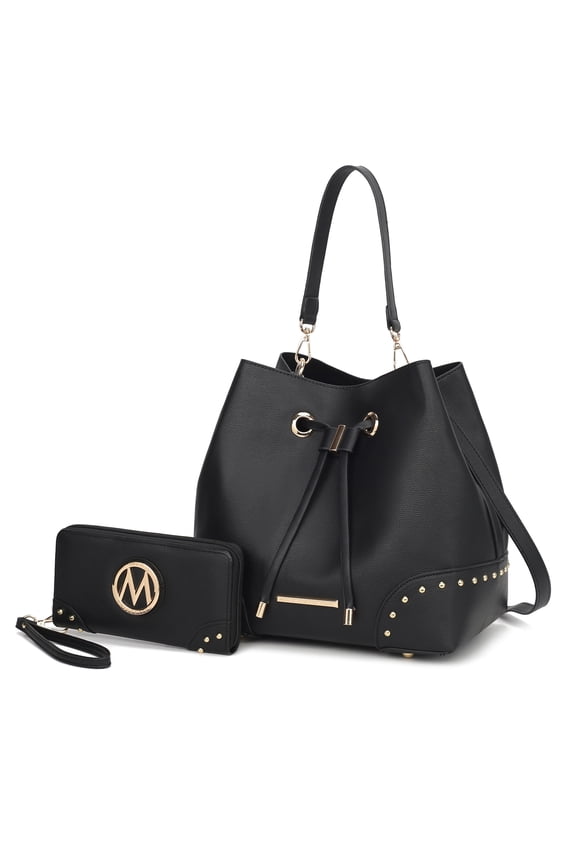 Callise Vegan Leather Women's Bucket Bag & Wristlet Wallet 2-Piece Set by Mia K. - Black