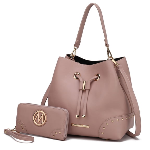 MKF Collection Callise Vegan Leather Women's Bucket Bag & Wristlet Wallet 2-Piece Set by Mia K. - Blush