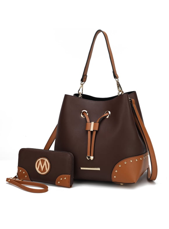Callise Vegan Leather Women's Bucket Bag & Wristlet Wallet 2-Piece Set by Mia K. - Coffee Cognac