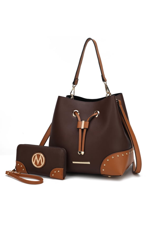 Callise Vegan Leather Women's Bucket Bag & Wristlet Wallet 2-Piece Set by Mia K. - Coffee Cognac