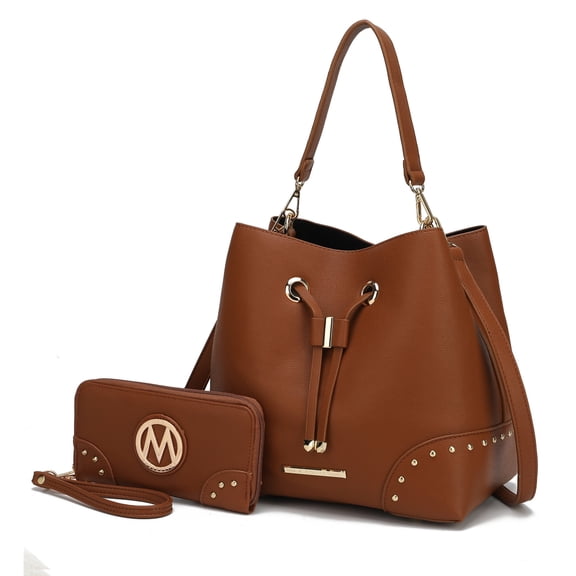 MKF Collection Callise Vegan Leather Women's Bucket Bag & Wristlet Wallet 2-Piece Set by Mia K. - Cognac
