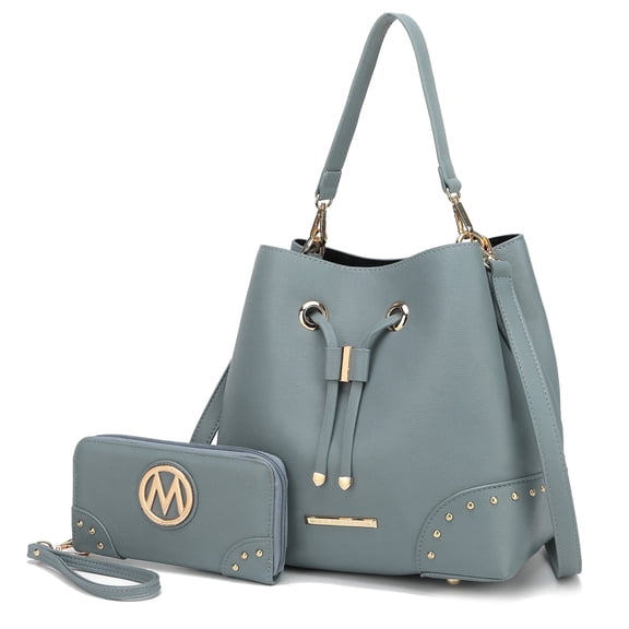 MKF Collection Callise Vegan Leather Women's Bucket Bag & Wristlet Wallet 2-Piece Set by Mia K. - Denim