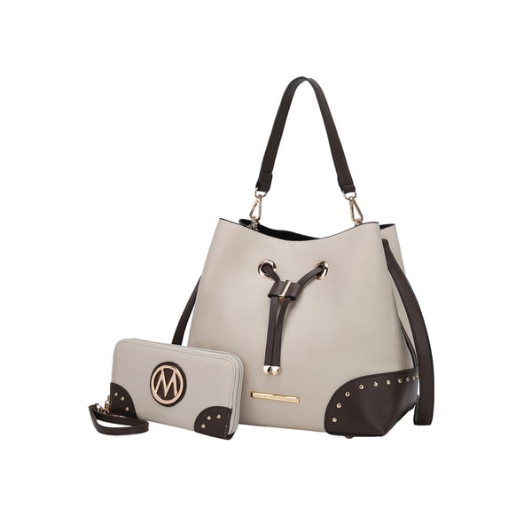 MKF Collection Callise Vegan Leather Women's Bucket Bag & Wristlet Wallet 2-Piece Set by Mia K. - Ivory Brown