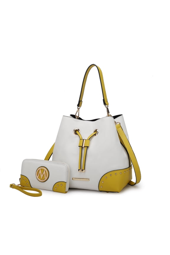 Callise Vegan Leather Women's Bucket Bag & Wristlet Wallet 2-Piece Set by Mia K. - White Yellow