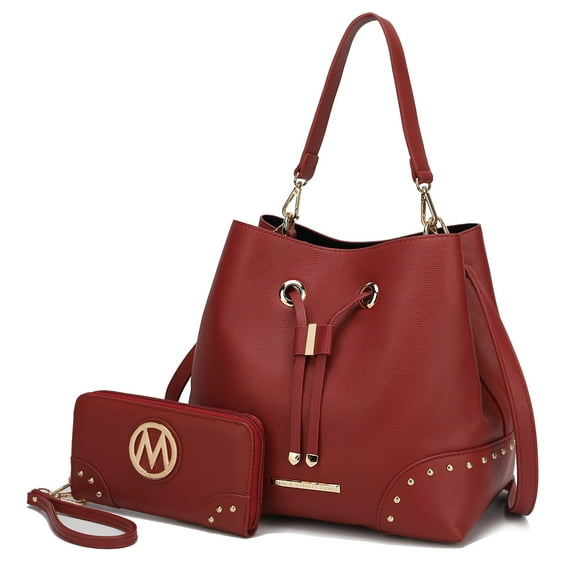 MKF Collection Callise Vegan Leather Women's Bucket Bag & Wristlet Wallet 2-Piece Set by Mia K. - Wine