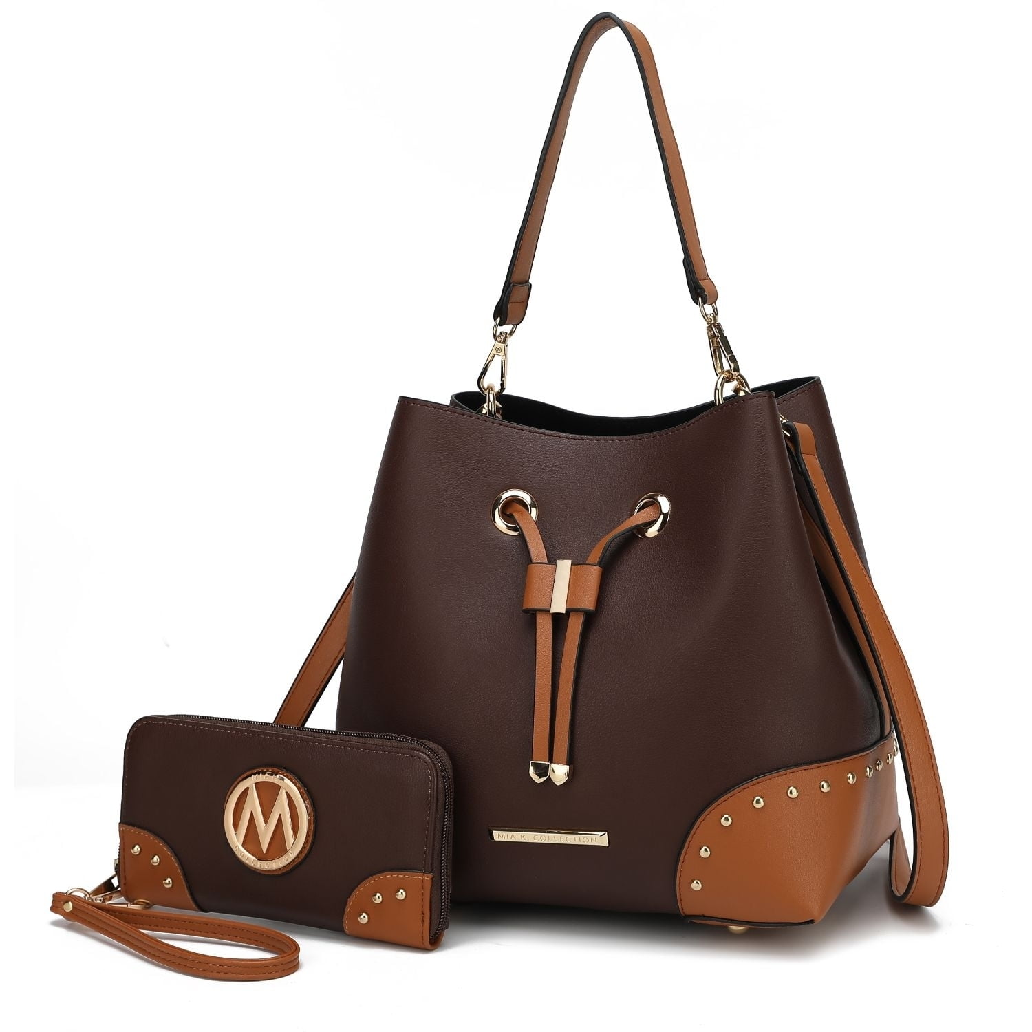 MKF Collection Candice Women's Color Block Bucket Bag & Wallet 2-Piece Set by Mia K. - Coffee/Cognac