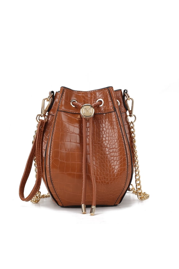 Cassidy Faux Crocodile Embossed Vegan Leather Women's Hobo Bag, Drawstring Bucket Purse Handbag by Mia K - Cognac