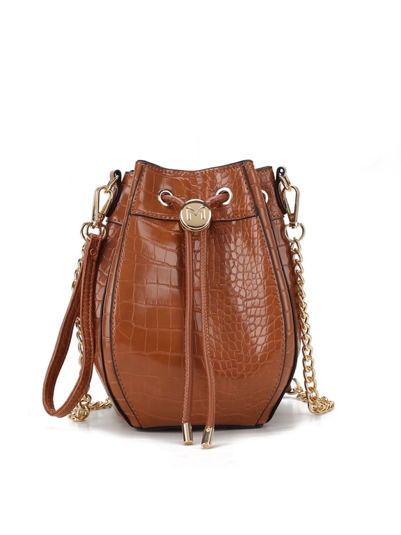 Cassidy Faux Crocodile Embossed Vegan Leather Women's Hobo Bag, Drawstring Bucket Purse Handbag by Mia K - Cognac