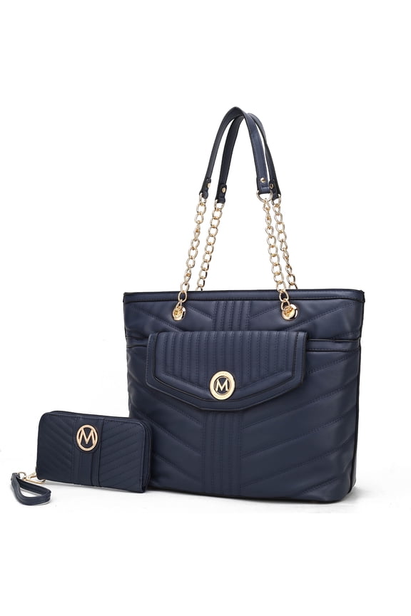Chiari Vegan Leather Women Tote Bag with Wallet Bag by Mia K - Navy Blue