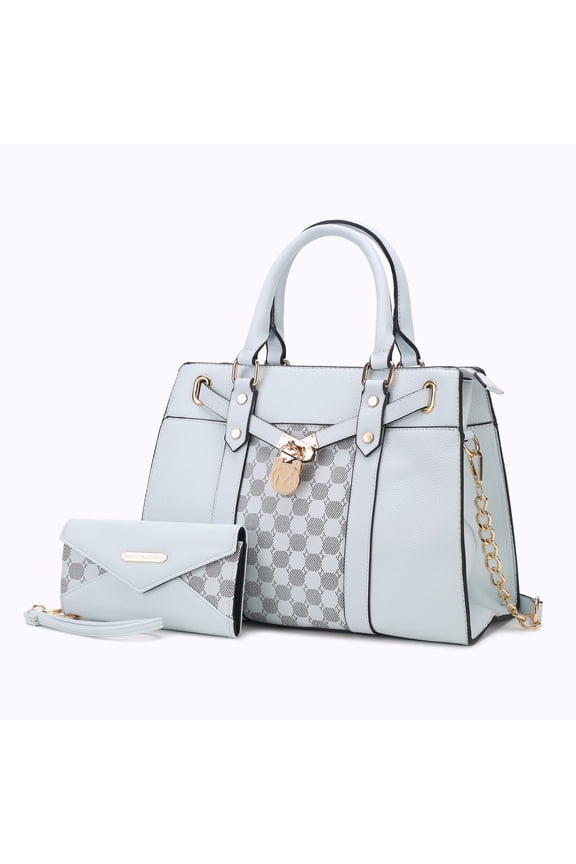 Christine Circular Print Vegan Leather Women's Satchel Handbag & Wristlet Wallet, Sleek Top-handle Purse Handbag by Mia K 2 pcs - Light Blue