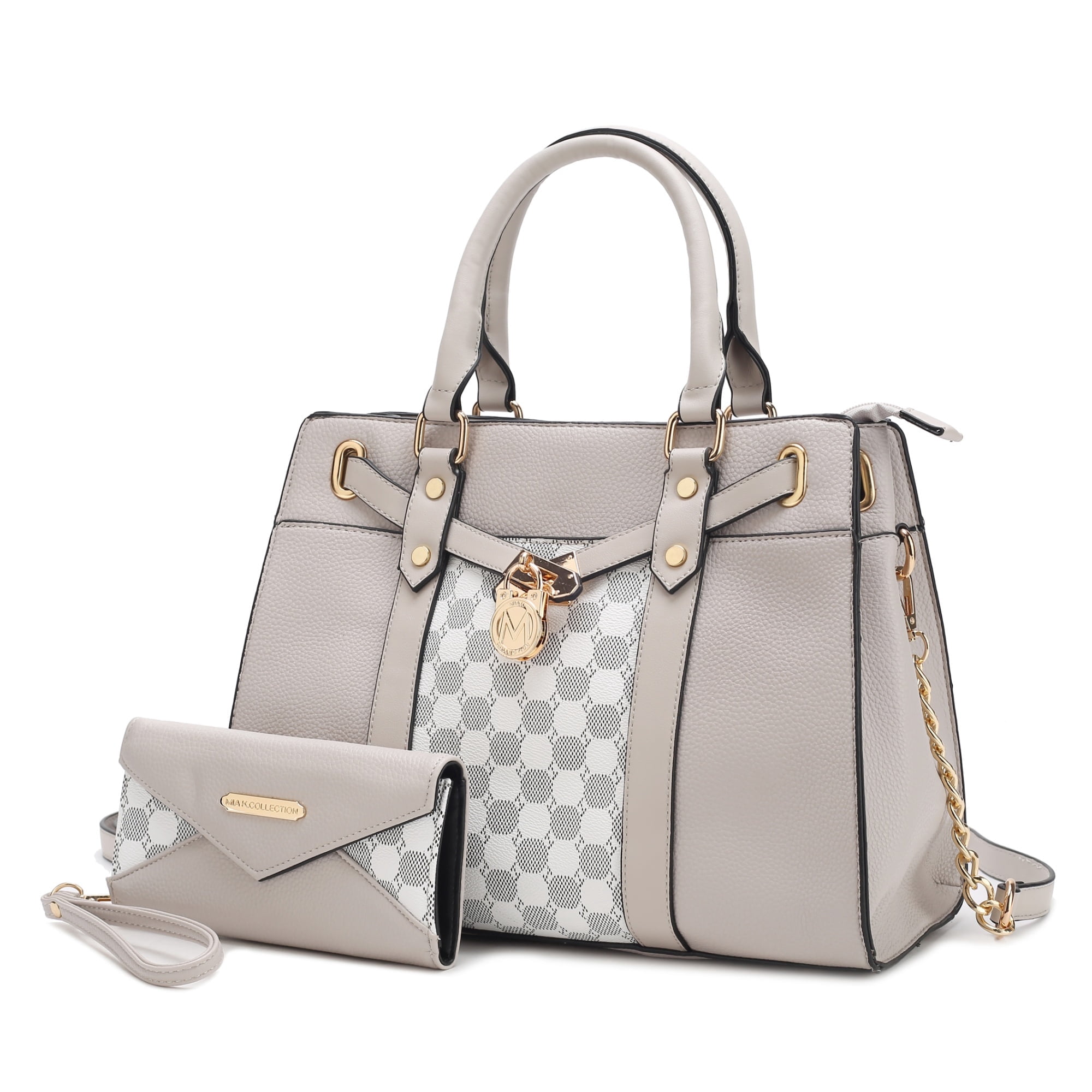 MKF Collection Christine Circular Print Vegan Leather Women's Satchel Handbag & Wristlet Wallet, Sleek Top-handle Purse Handbag by Mia K 2 pcs - Light Gray