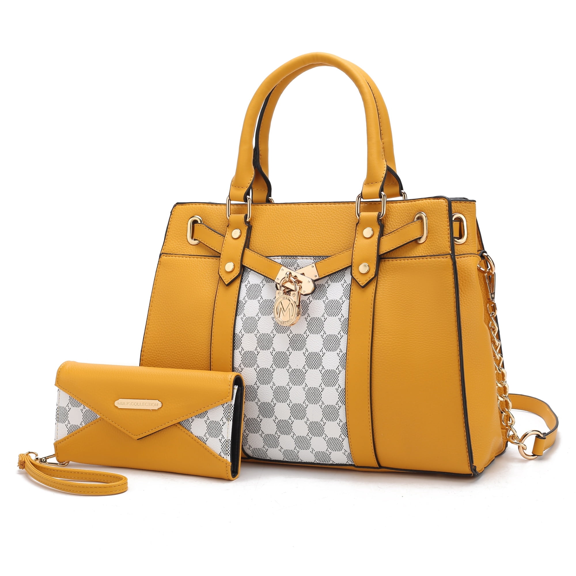 MKF Collection Christine Circular Print Vegan Leather Women's Satchel Handbag & Wristlet Wallet, Sleek Top-handle Purse Handbag by Mia K 2 pcs - Mustard