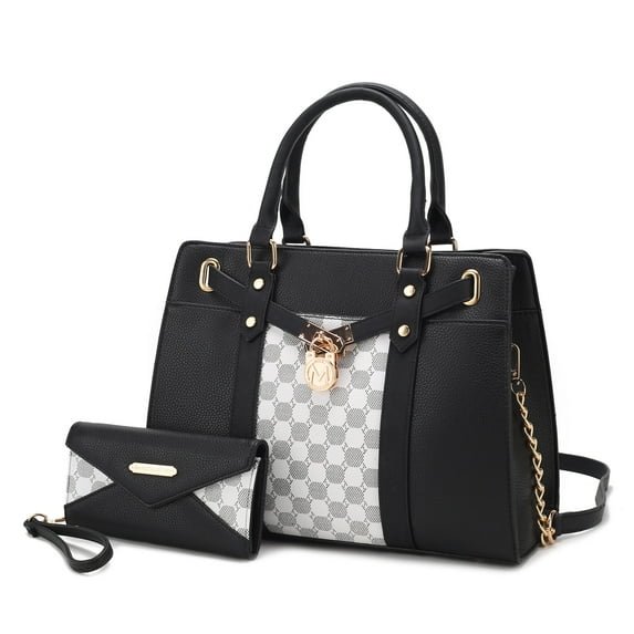 MKF Collection Christine Circular Print Vegan Leather Women's Satchel Handbag & Wristlet Wallet, Sleek Top-handle Purse Handbag by Mia K 2 pcs - Black