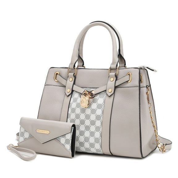 MKF Collection Christine Circular Print Vegan Leather Women's Satchel Handbag & Wristlet Wallet, Sleek Top-handle Purse Handbag by Mia K 2 pcs - Light Gray