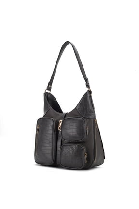 Daphne Crocodile-Embossed Vegan Leather Shoulder Bag, Fashion Hobo Purse Handbag by Mia K - Charcoal Gray