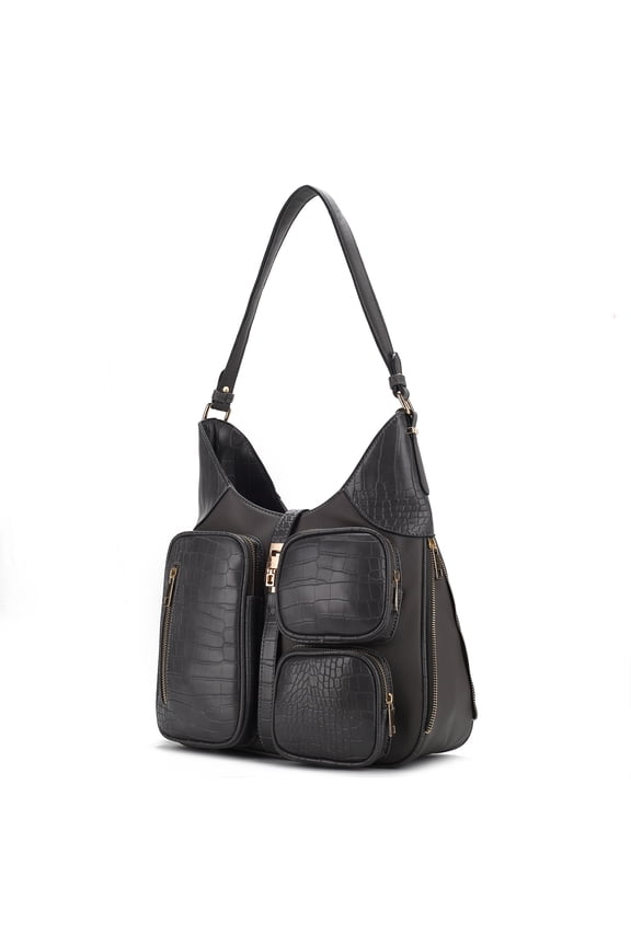 Daphne Crocodile-Embossed Vegan Leather Shoulder Bag, Fashion Hobo Purse Handbag by Mia K - Charcoal Gray