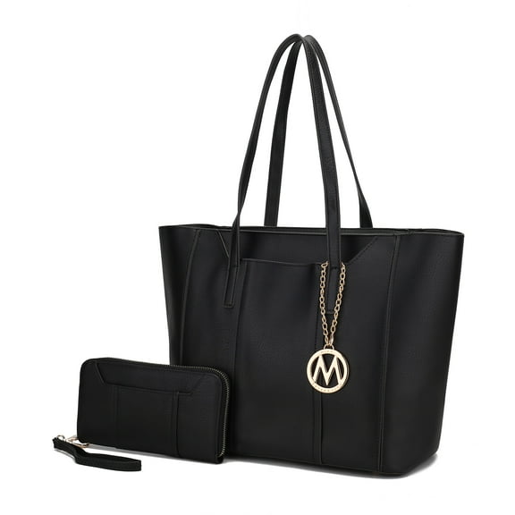 MKF Collection Dinah Vegan Leather Women's Tote Bag, Classy Shoulder Purse Handbag & Wristlet Wallet 2 pcs by Mia K - Black