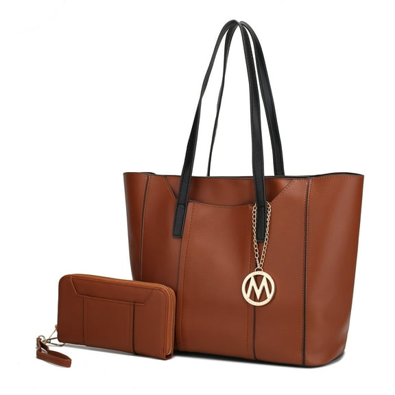 MKF Collection Dinah Vegan Leather Women's Tote Bag, Classy Shoulder Purse Handbag & Wristlet Wallet 2 pcs by Mia K - Cognac Brown