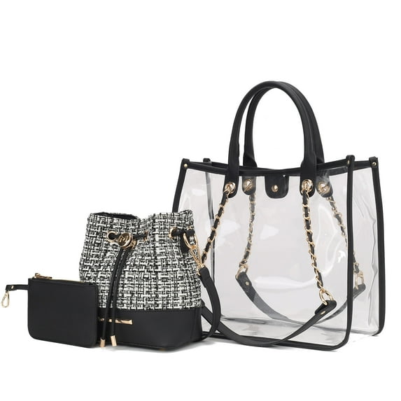 MKF Collection Diva Clear PVC Tote Women's Bag with Tweed Bucket Bag and Small Pouch Stylish Shoulder Bag Set Purse, Fashionable and Functional by Mia K - Black