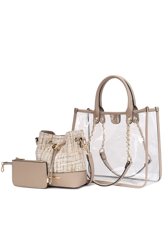 Diva Clear PVC Tote Women's Bag with Tweed Bucket Bag and Small Pouch Stylish Shoulder Bag Set Purse, Fashionable and Functional by Mia K - Taupe