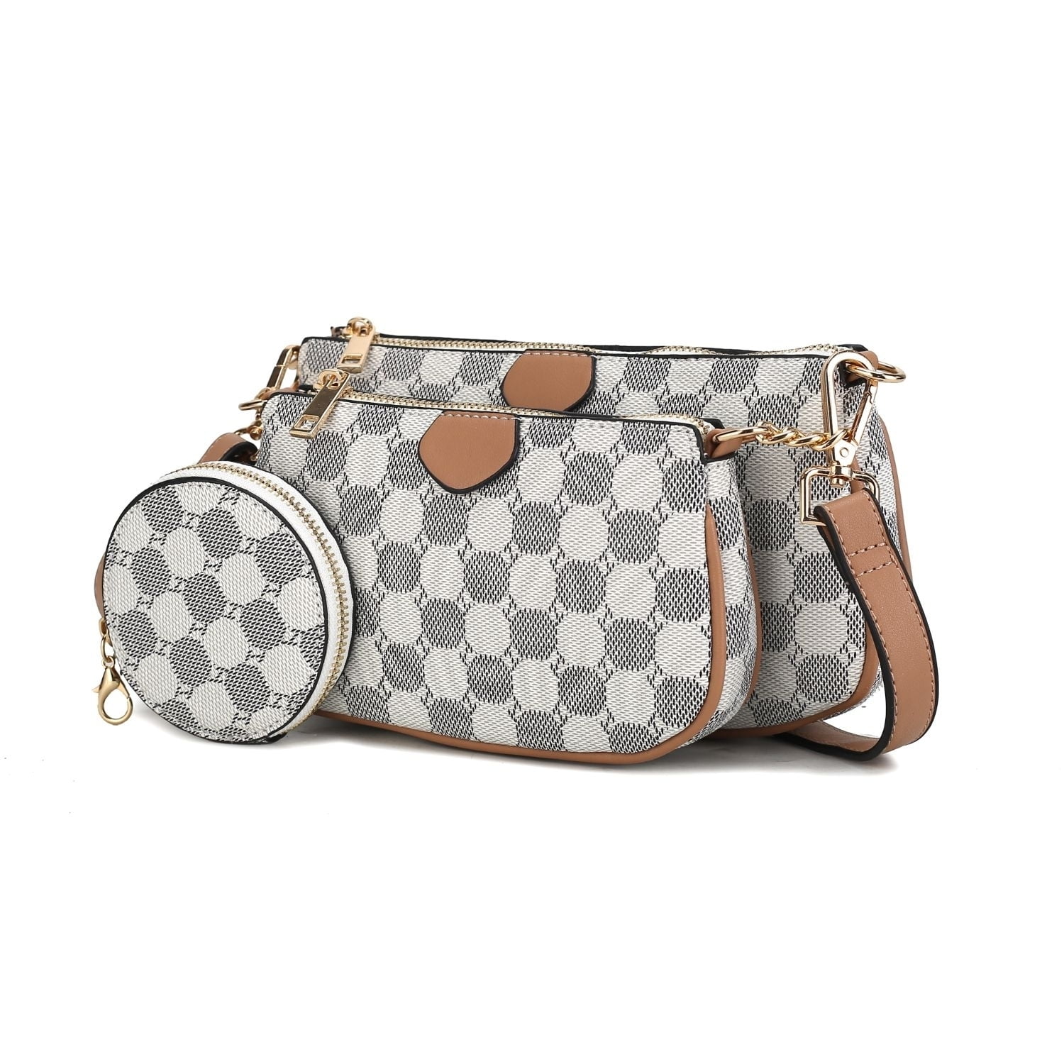 White Checkered Beige and Tan Women\'s Bag Set Brown Tan Checkered PU Leather Shoulder Bag – Stylish Bowler  main image 3