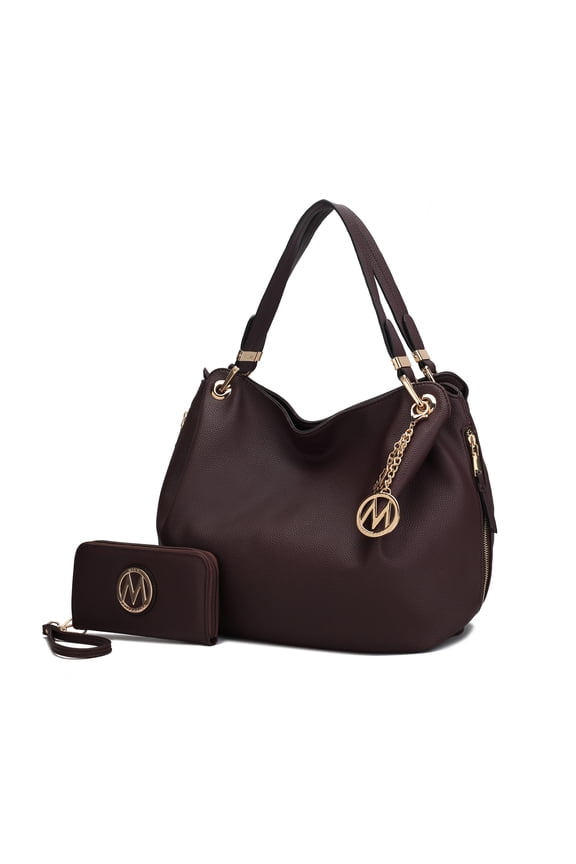 Fabienne Vegan Leather Women's Hobo Bag & Wristlet Wallet, Functional Shoulder Purse Handbag 2 pcs by Mia K - Coffee