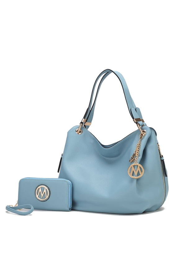 Fabienne Vegan Leather Women's Hobo Bag & Wristlet Wallet, Functional Shoulder Purse Handbag 2 pcs by Mia K - Denim Blue